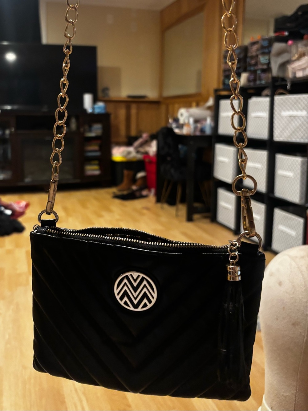 Macbeth Collection by Margaret Josephs Black Quilted Crossbody with Gold Emblem